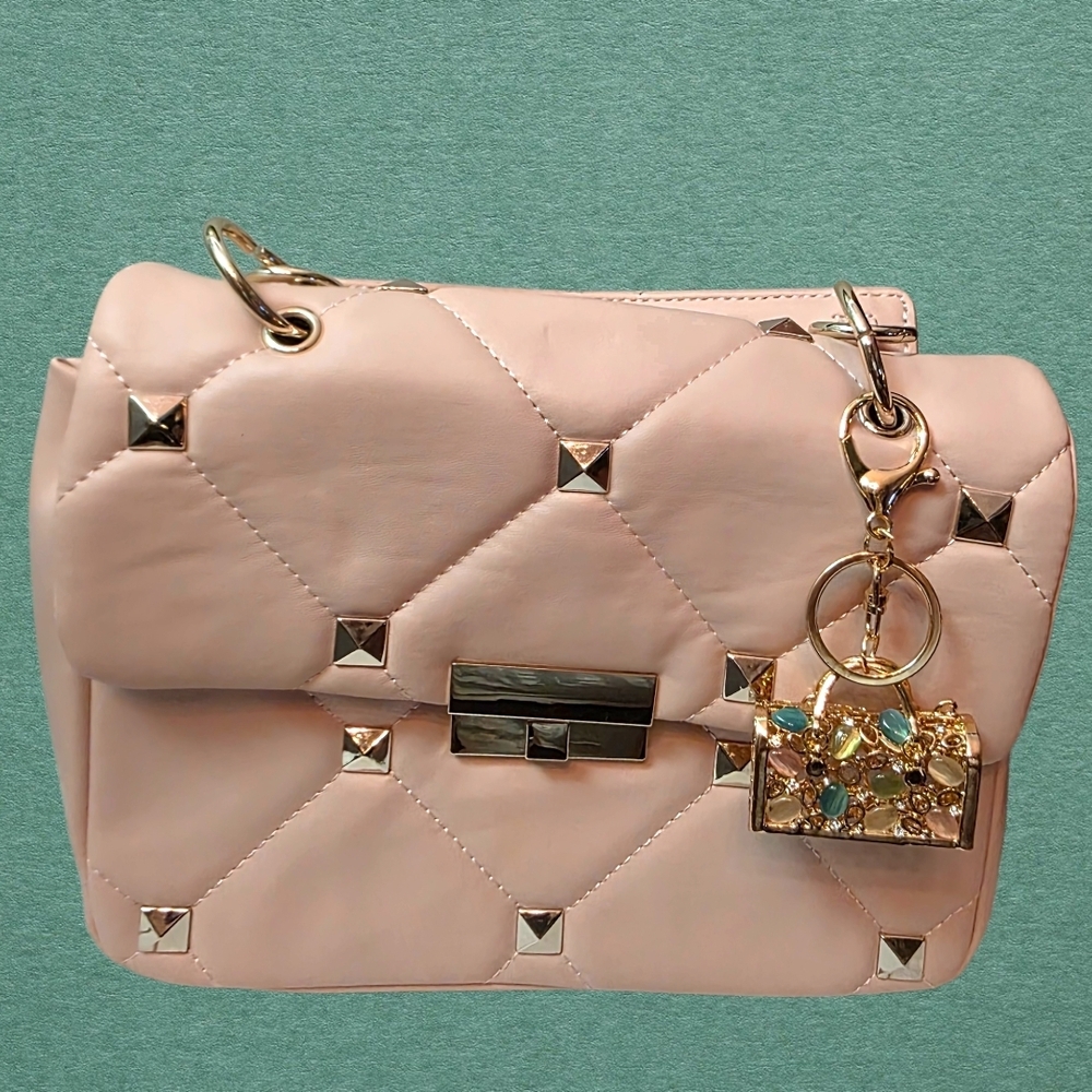 WHBM Quilted Studded Crossbody Bag Blush Pink Gold Chain Bag Charm